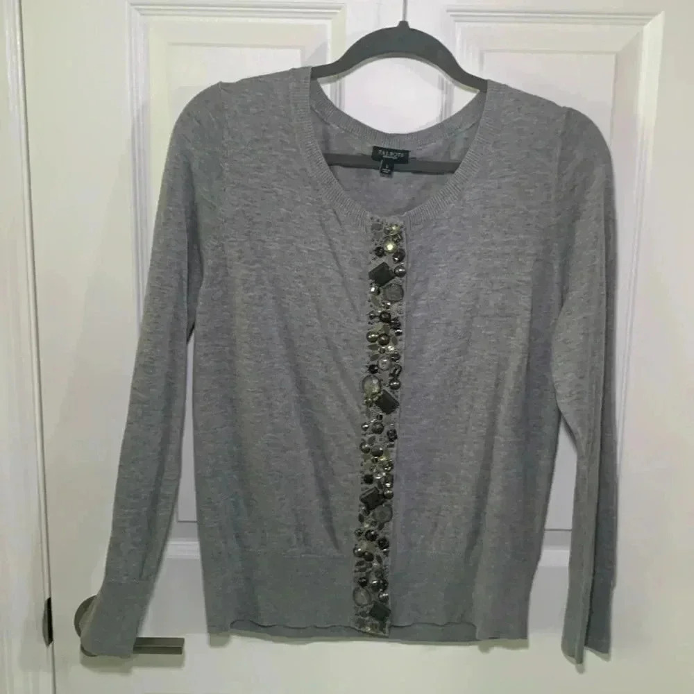 Talbots gray cardigan with embellished beaded front placard size large